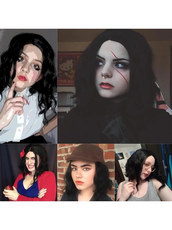 Women Dark Black Heat Resistant Wavy Curly Cosplay Halloween Bob Party Wig main image 5